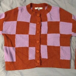Vibrant Checkered Cardigan in Orange and Purple
